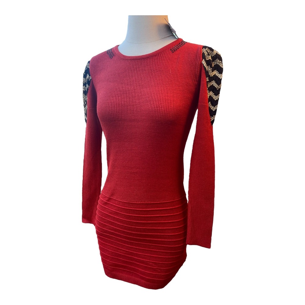 Red Ribbed Long Sleeve Knit Bodycon Mini Dress w/ Embellished Chevron Shoulders - Picture 2 of 6